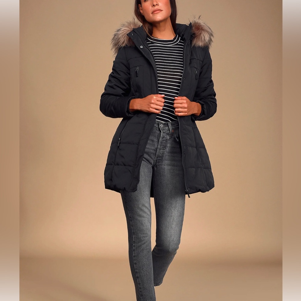 Lulu’s Snowpack Black Faux Fur Long Parka Puffer Jacket EUC